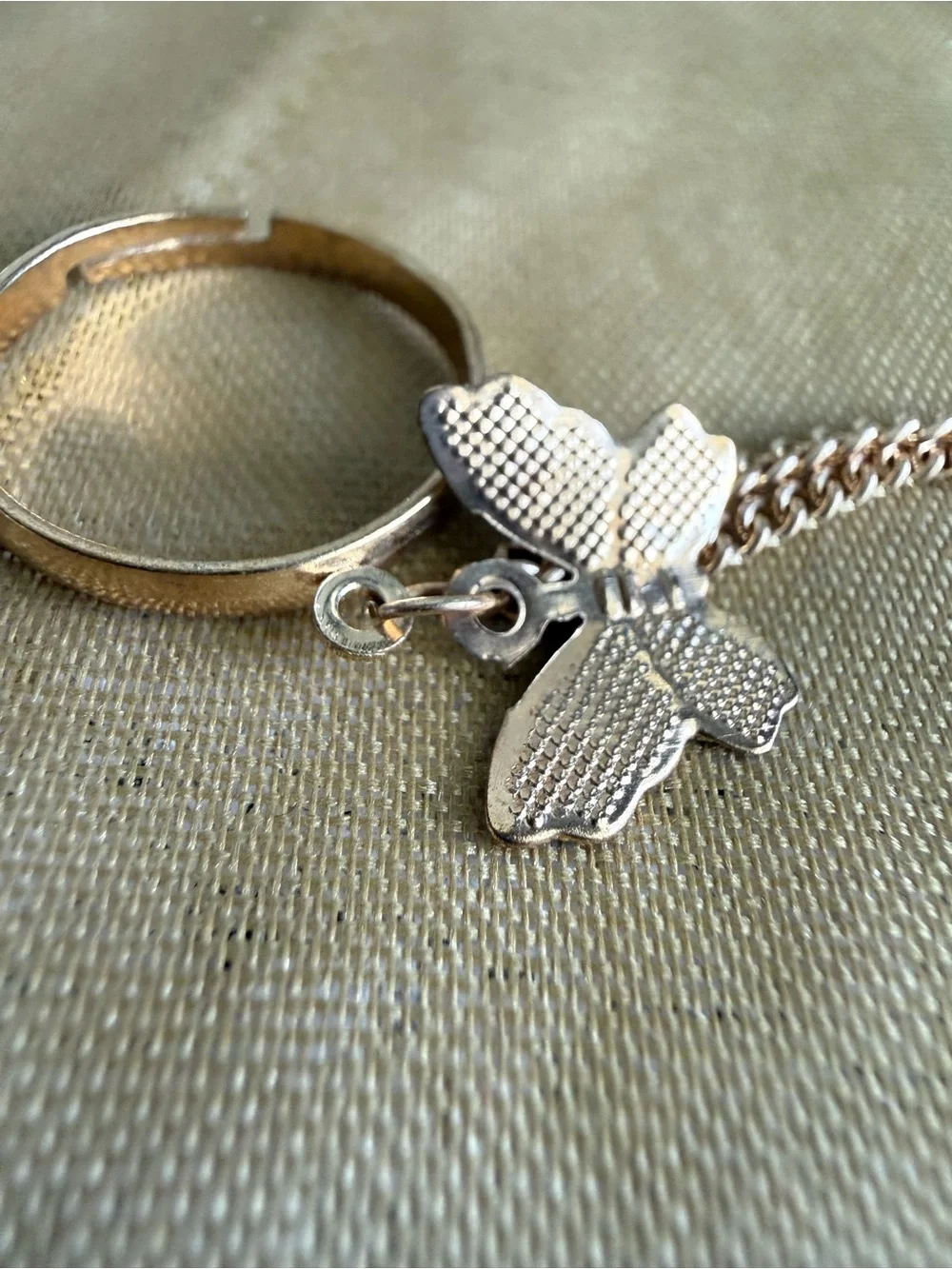Gold Butterfly Charm Ring with Chain